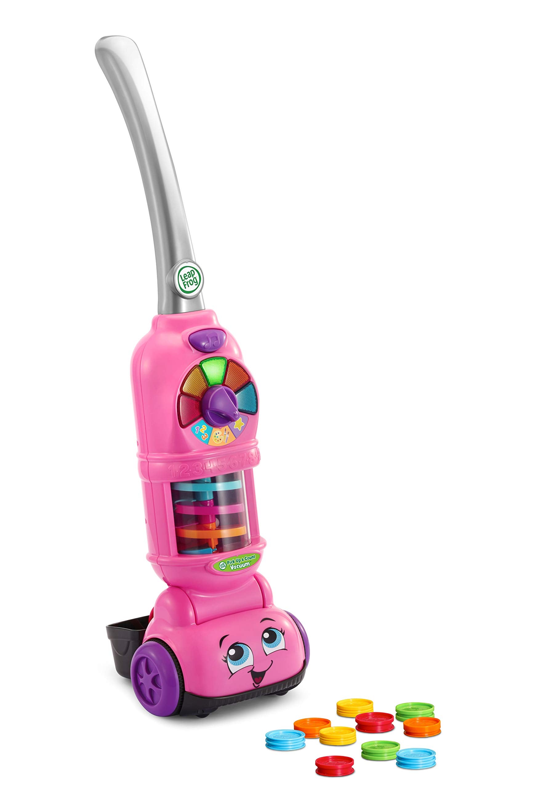 LeapFrog front view of pink vacuum showing buttons and wheels for engaging play