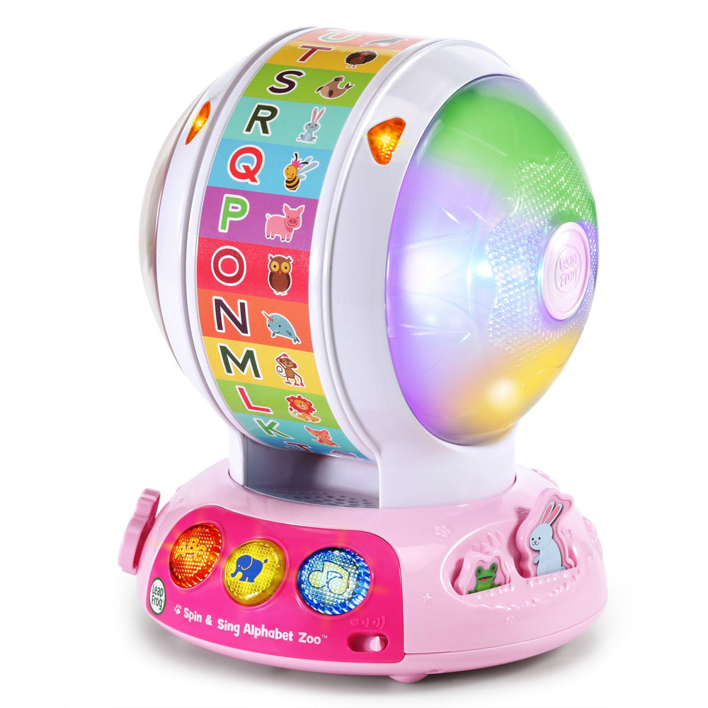 LeapFrog front view of pink Spin and Sing Alphabet Zoo showing interactive features