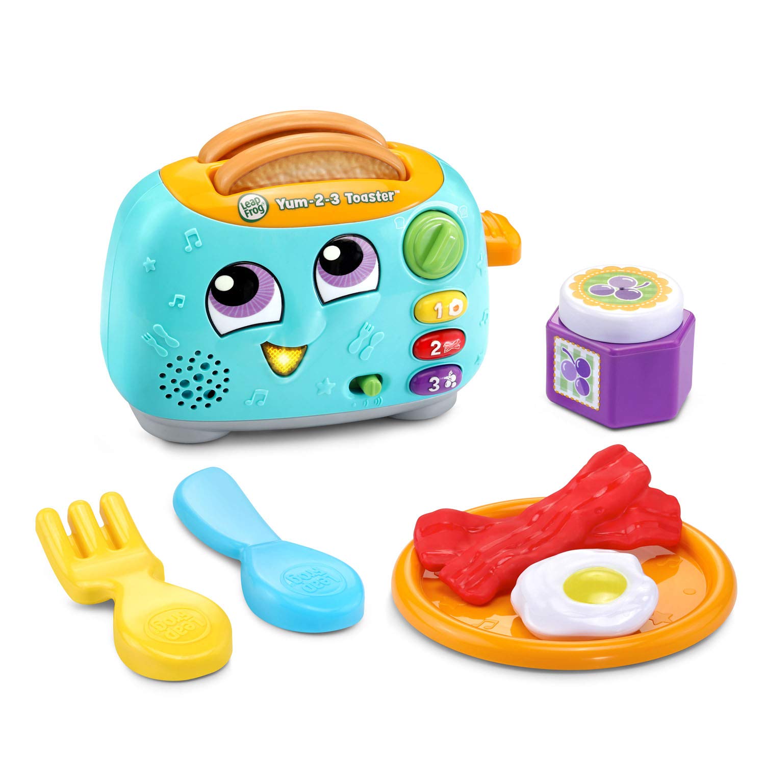 LeapFrog Yum-2-3 Toaster close-up of food buttons and dial teaching numbers and opposites