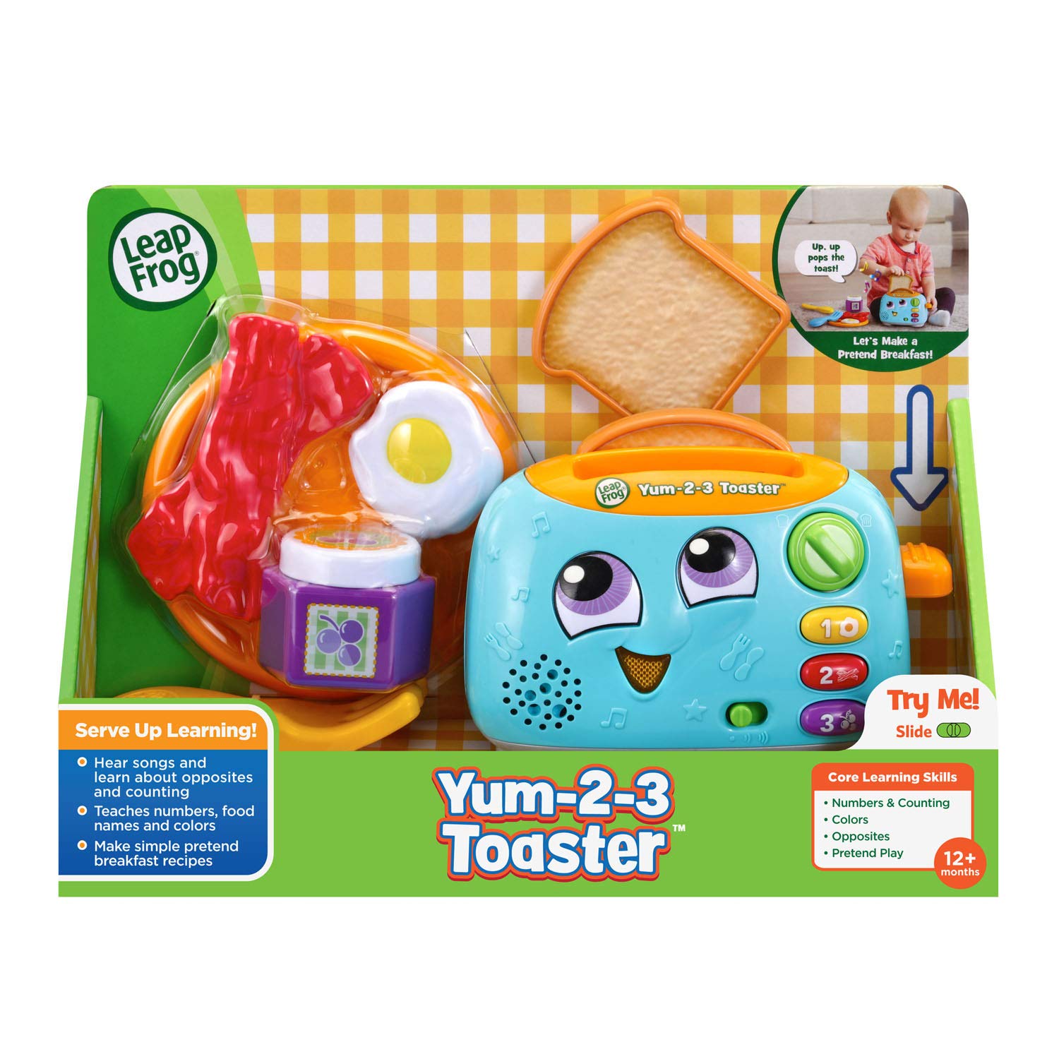 LeapFrog Yum-2-3 Toaster in a playroom scene with child serving pretend breakfast and building vocabulary