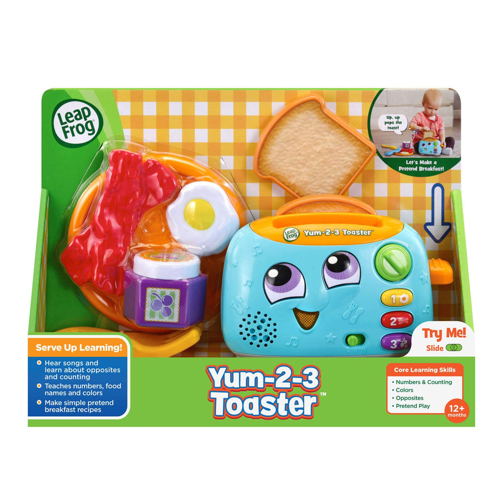 LeapFrog Yum-2-3 Toaster in a playroom scene with child serving pretend breakfast and building vocabulary