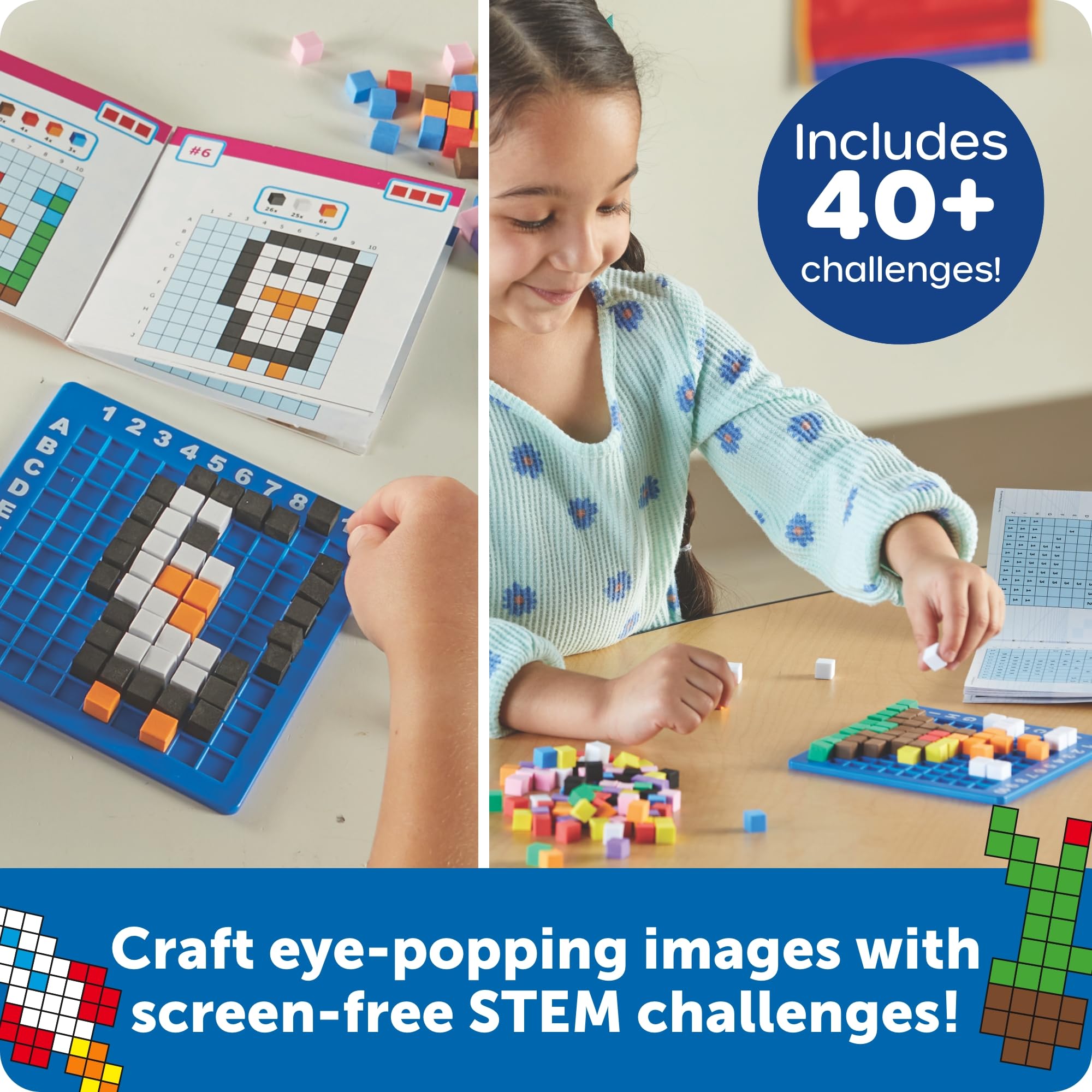 Learning Resources tray filled with colorful foam pixels for hands-on learning
