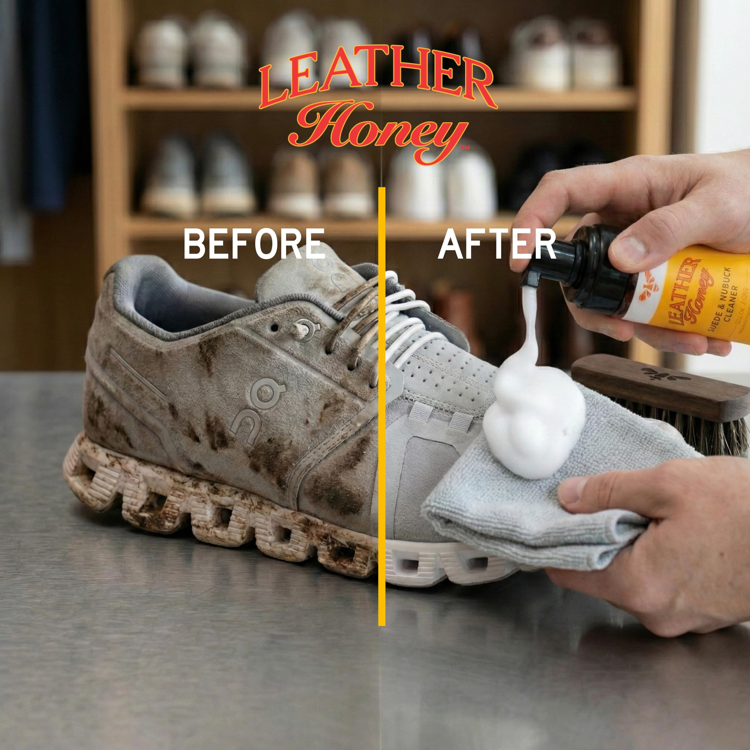 Leather Honey before and after suede restoration demonstrating improvement