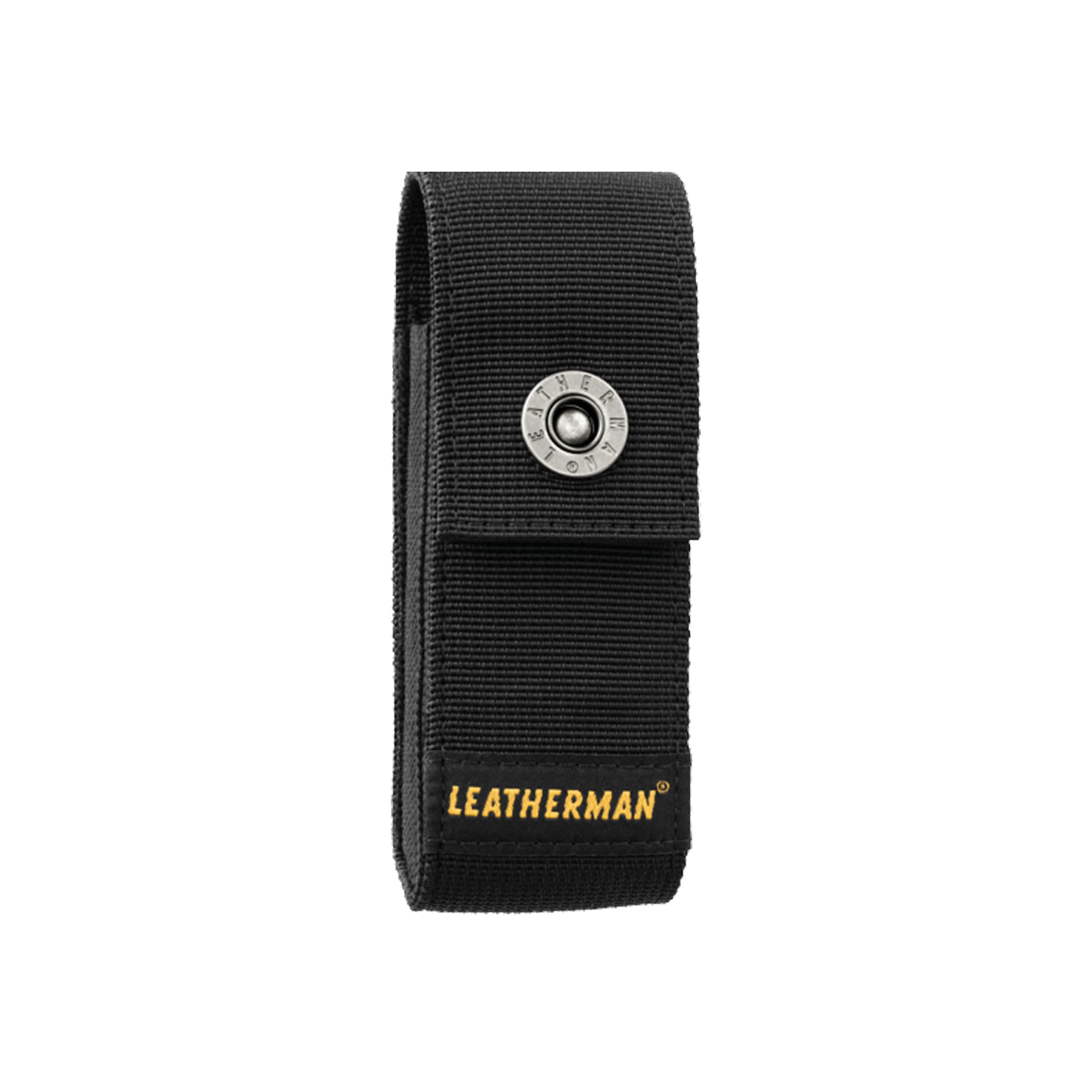 Leatherman front view of black medium sheath showing secure fit and protection