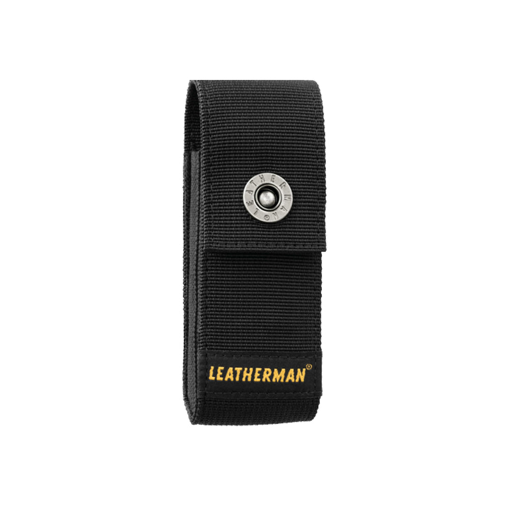 Leatherman front view of black medium sheath showing secure fit and protection
