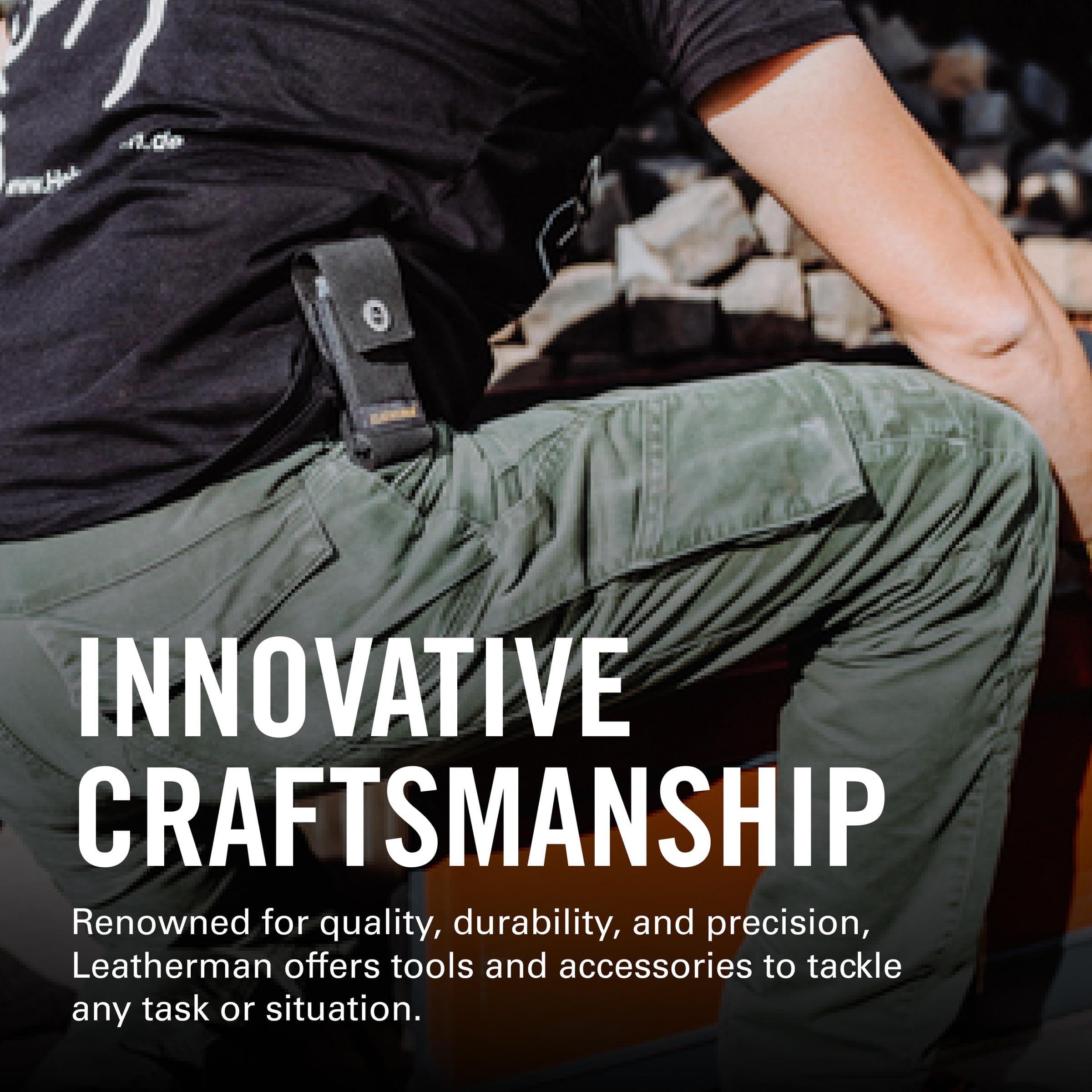 Leatherman sheath worn on belt at a job site for ready access benefit
