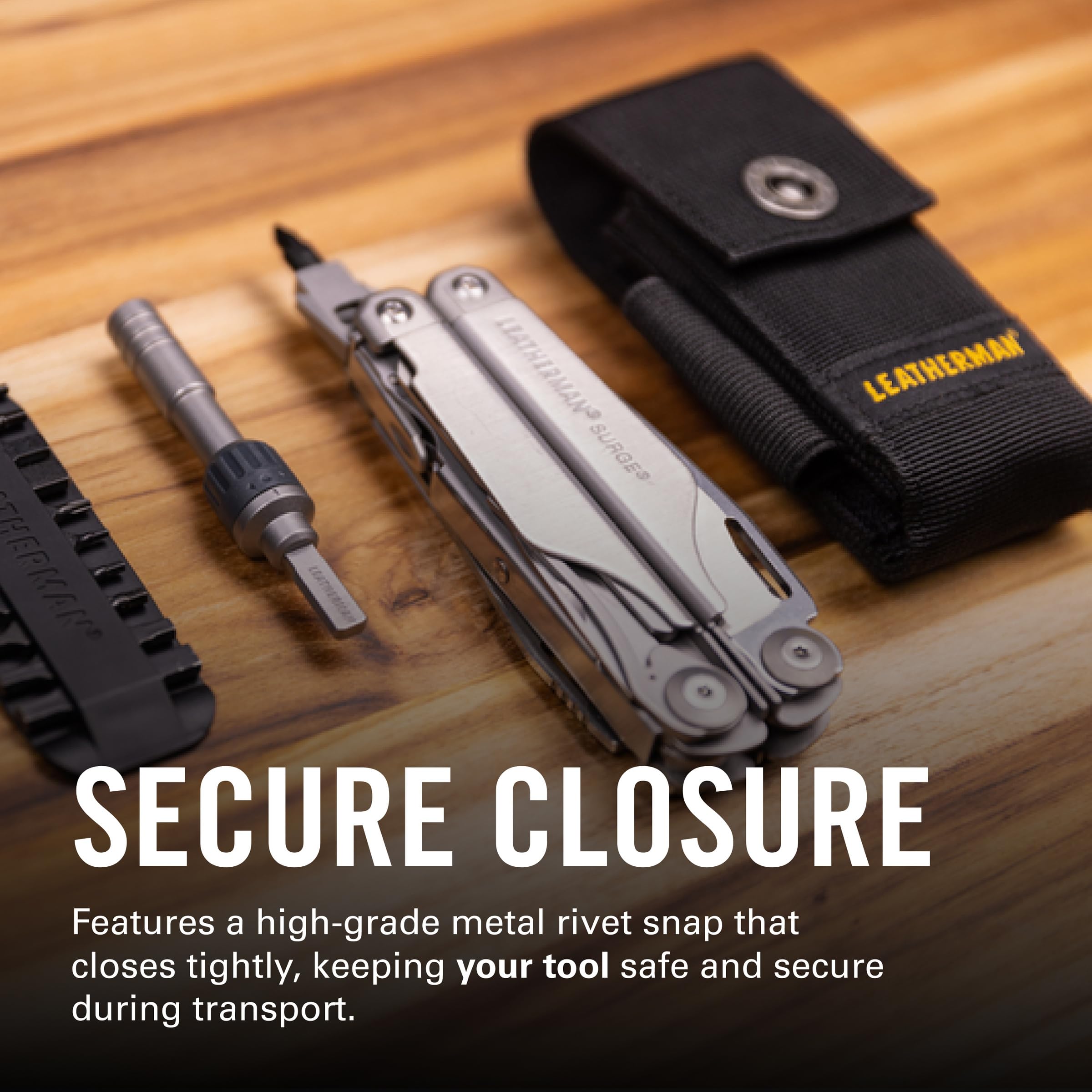 Leatherman snap detail demonstrating metal closure for secure retention