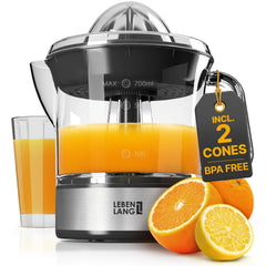 LEBENLANG juicer front view showing compact design and clear benefits