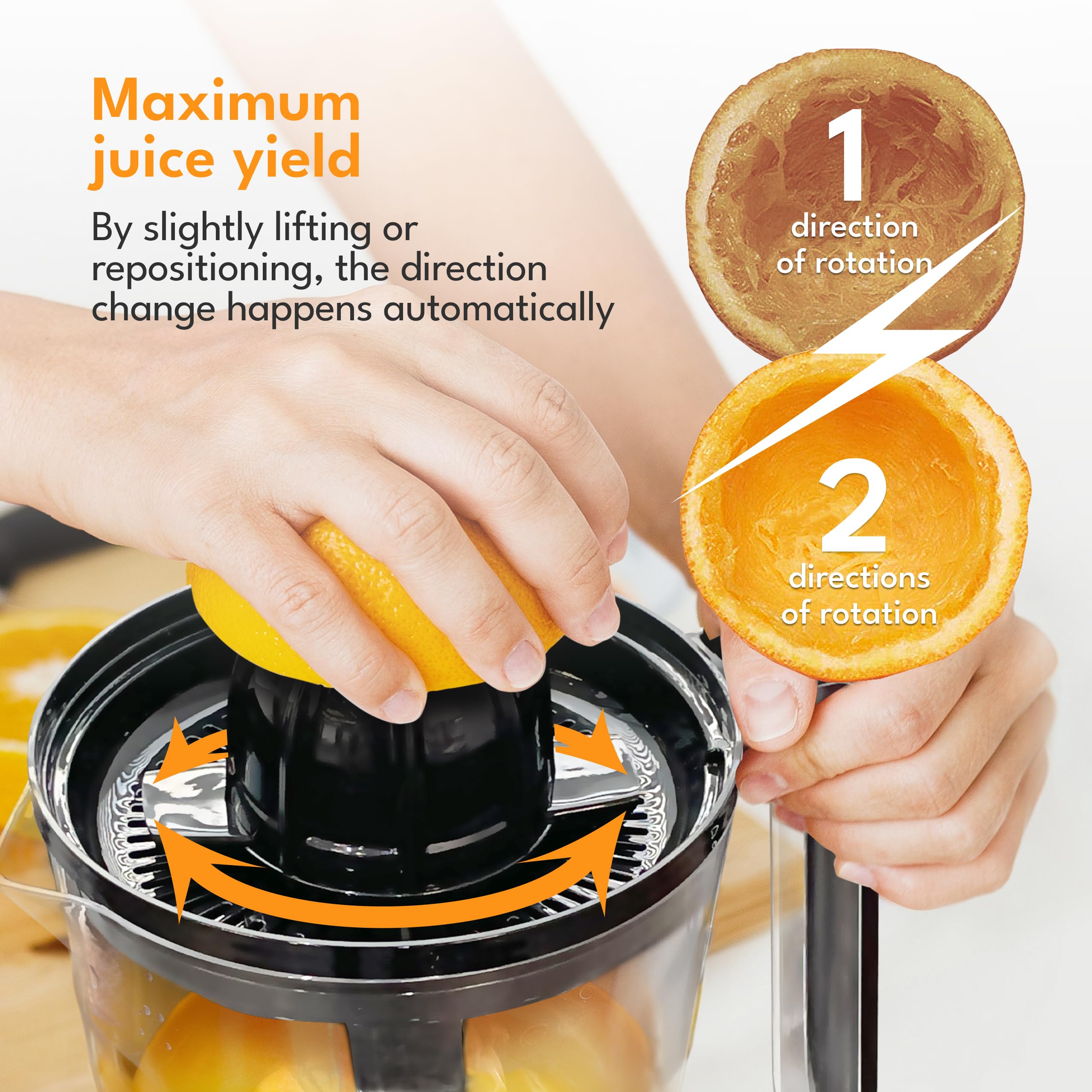 LEBENLANG juicer in use squeezing orange fast extraction with minimal effort