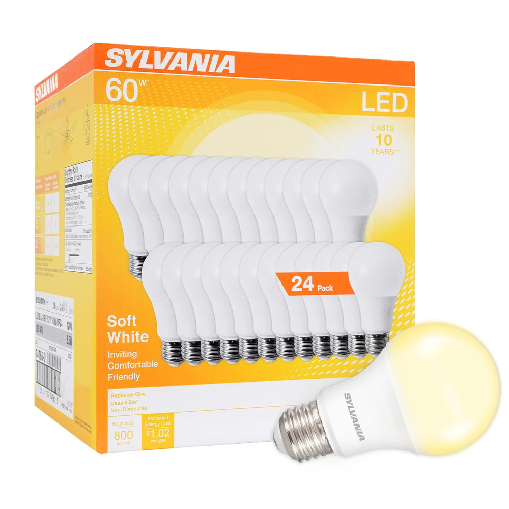 LEDVANCE SYLVANIA A19 front packaging showing 24-count and savings benefits