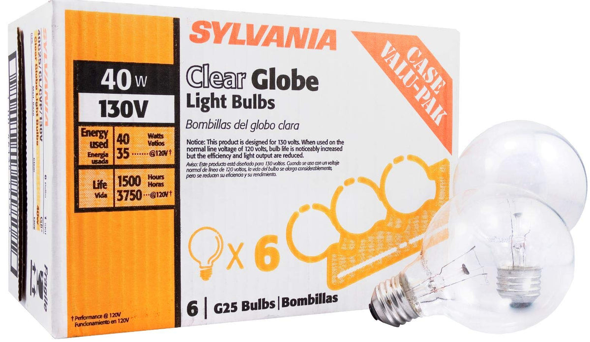 LEDVANCE Sylvania front packaging showing six G25 globe bulbs and product details