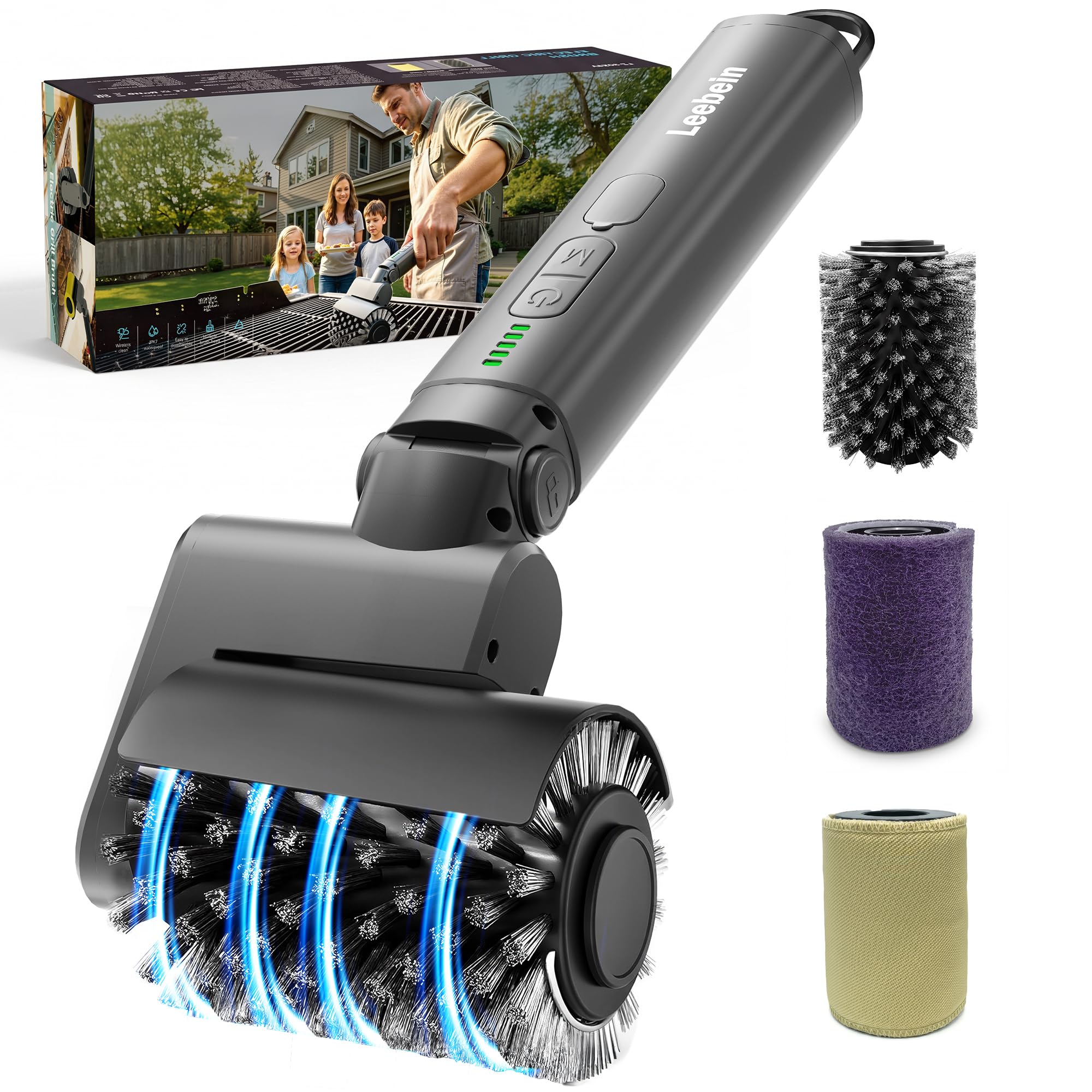 Leebein front view of electric grill brush showing controls and handle for easy handling