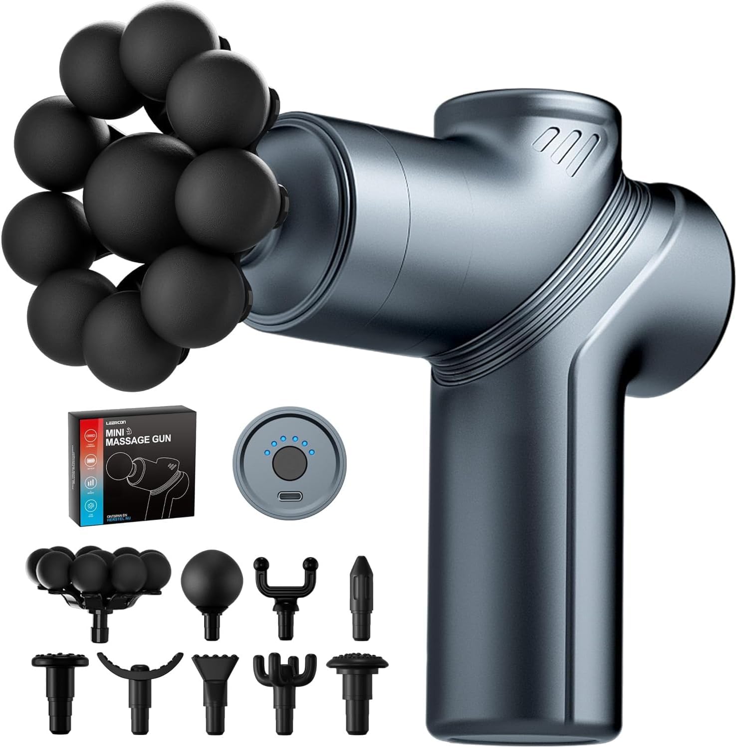LEERCON front view of compact massage gun showing controls and grip, improves recovery