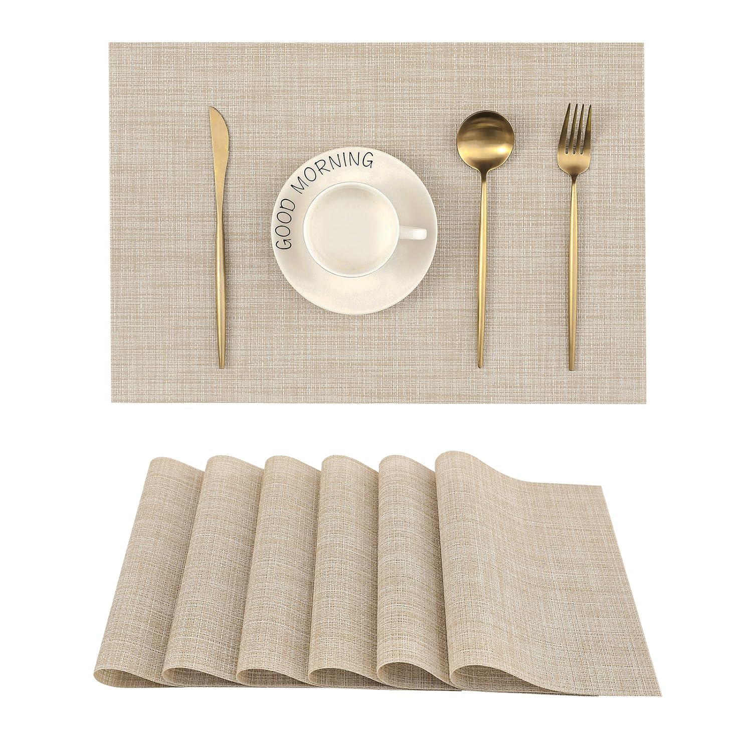 Leetaltree beige placemats front view showing elegant set and immediate table upgrade
