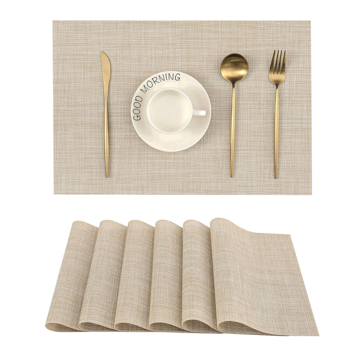 Leetaltree beige placemats front view showing elegant set and immediate table upgrade