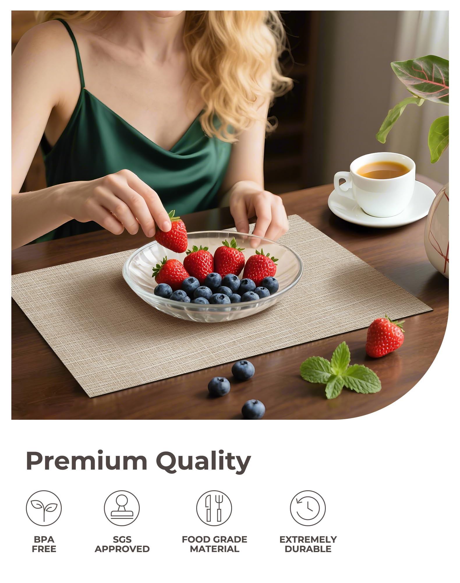 Leetaltree hot dish on placemat illustrating heat protection up to 176°F benefit