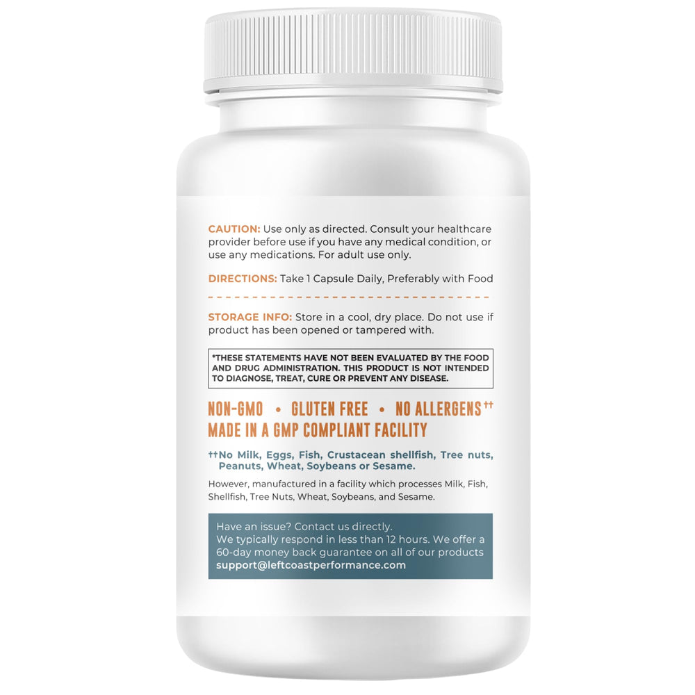Left Coast Performance bottle styled on tabletop conveying premium, allergen-free formula