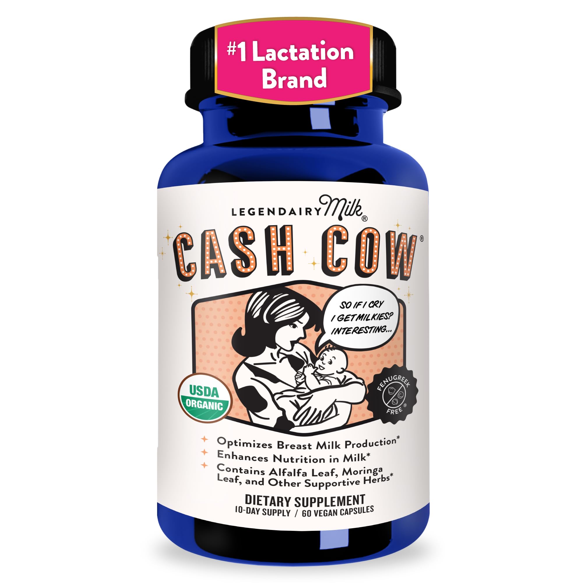 Legendairy Milk front packaging showing 60-capsule bottle and benefits