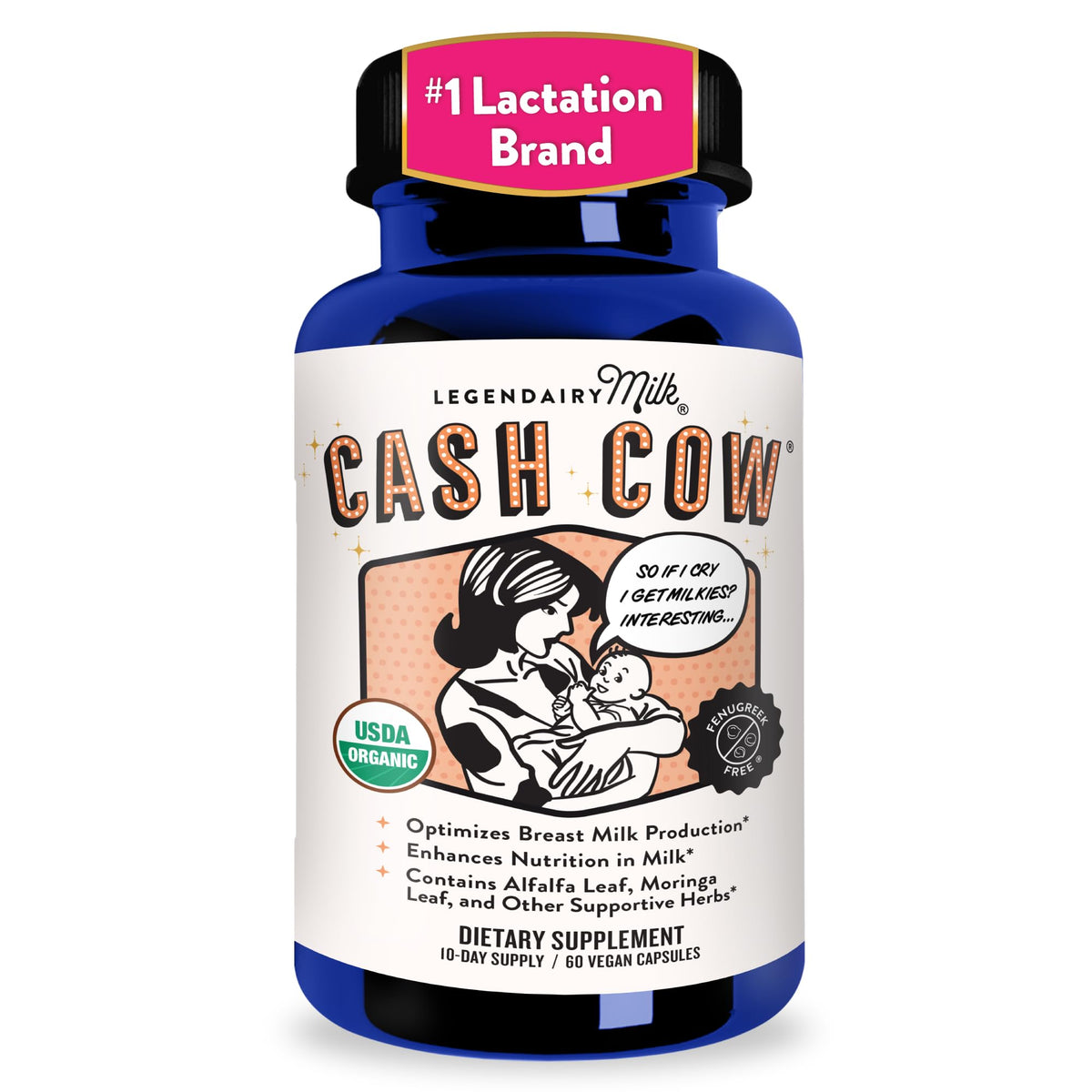 Legendairy Milk front packaging showing 60-capsule bottle and benefits