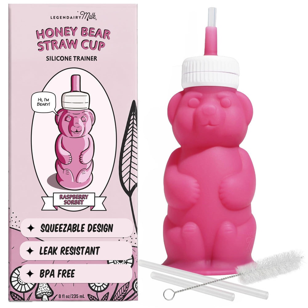 Legendairy Milk front view of pink honey bear cup showing cute shape and easy grip