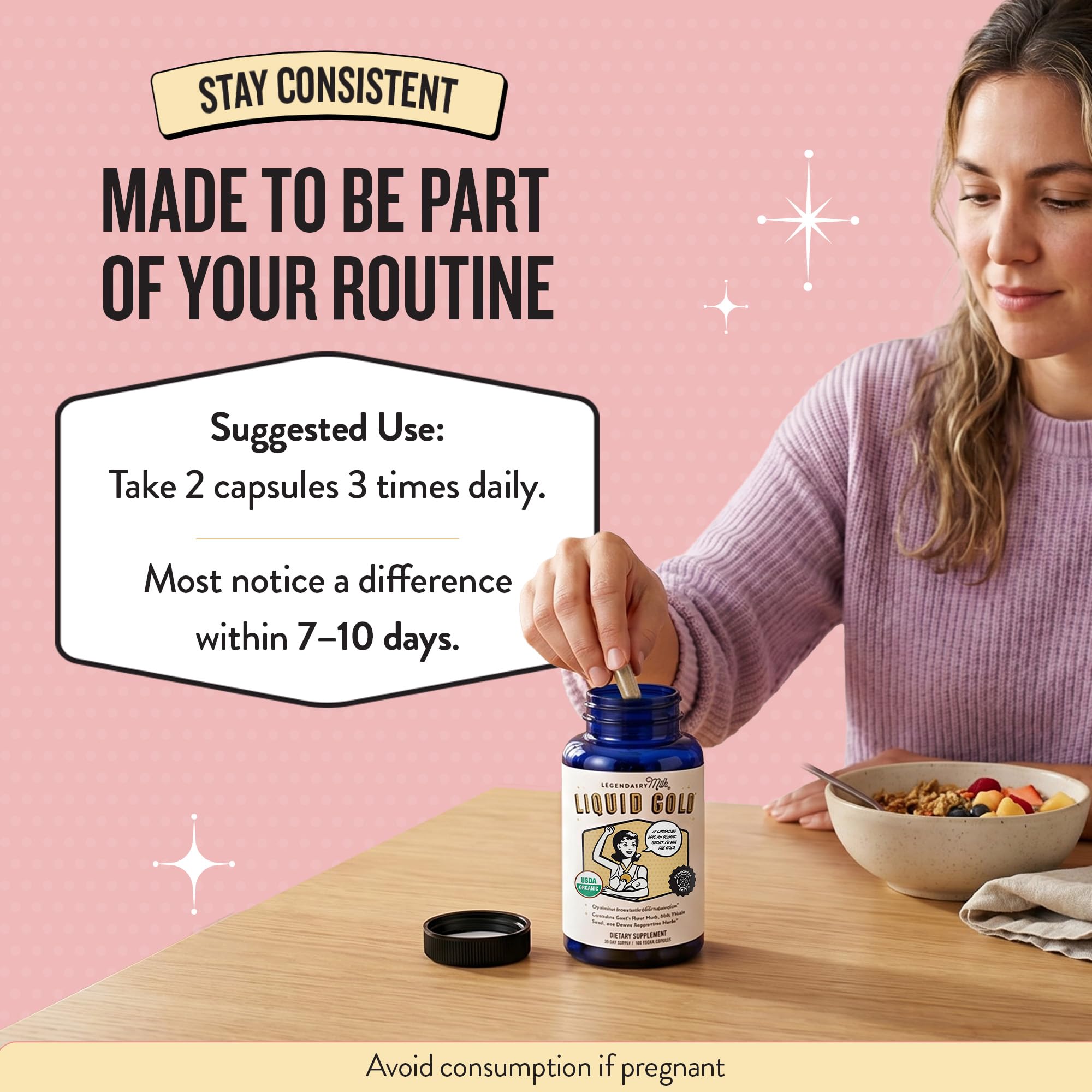 Legendairy Milk capsules beside breast pump demonstrating practical use