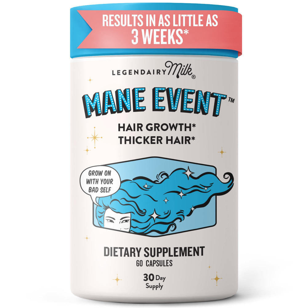 Legendairy Milk front packaging showing Mane Event bottle and benefits