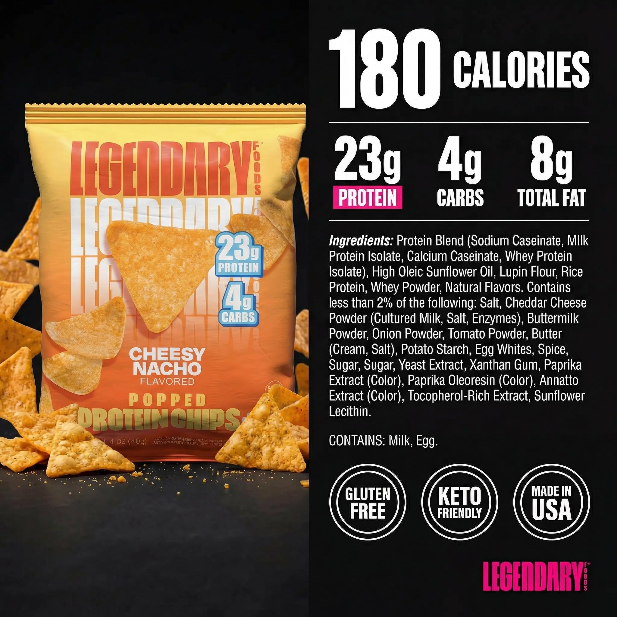 Legendary Foods opened bag with chips visible demonstrating convenient portability