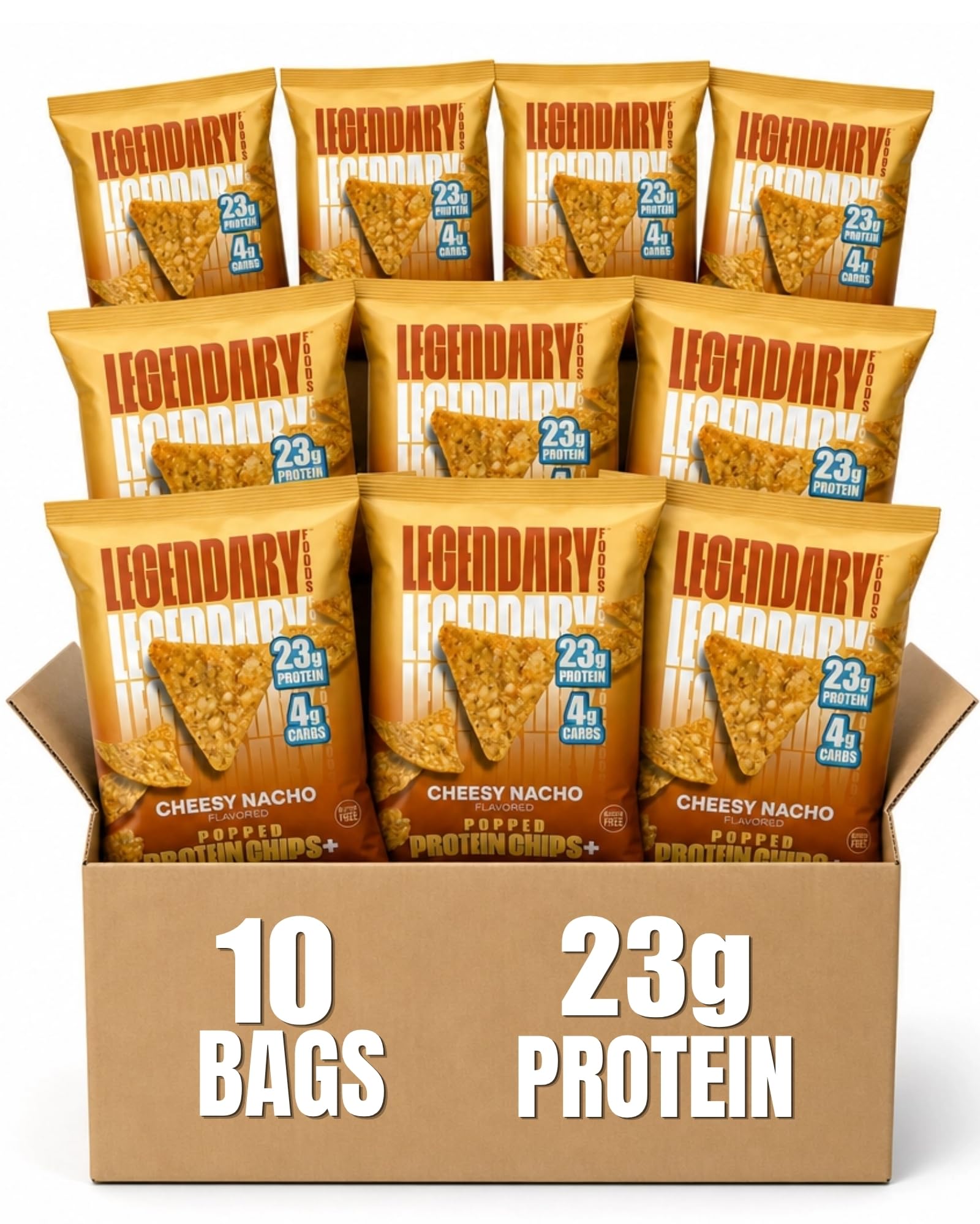 Legendary Foods front packaging showing cheesy nacho single-serve bag and appeal