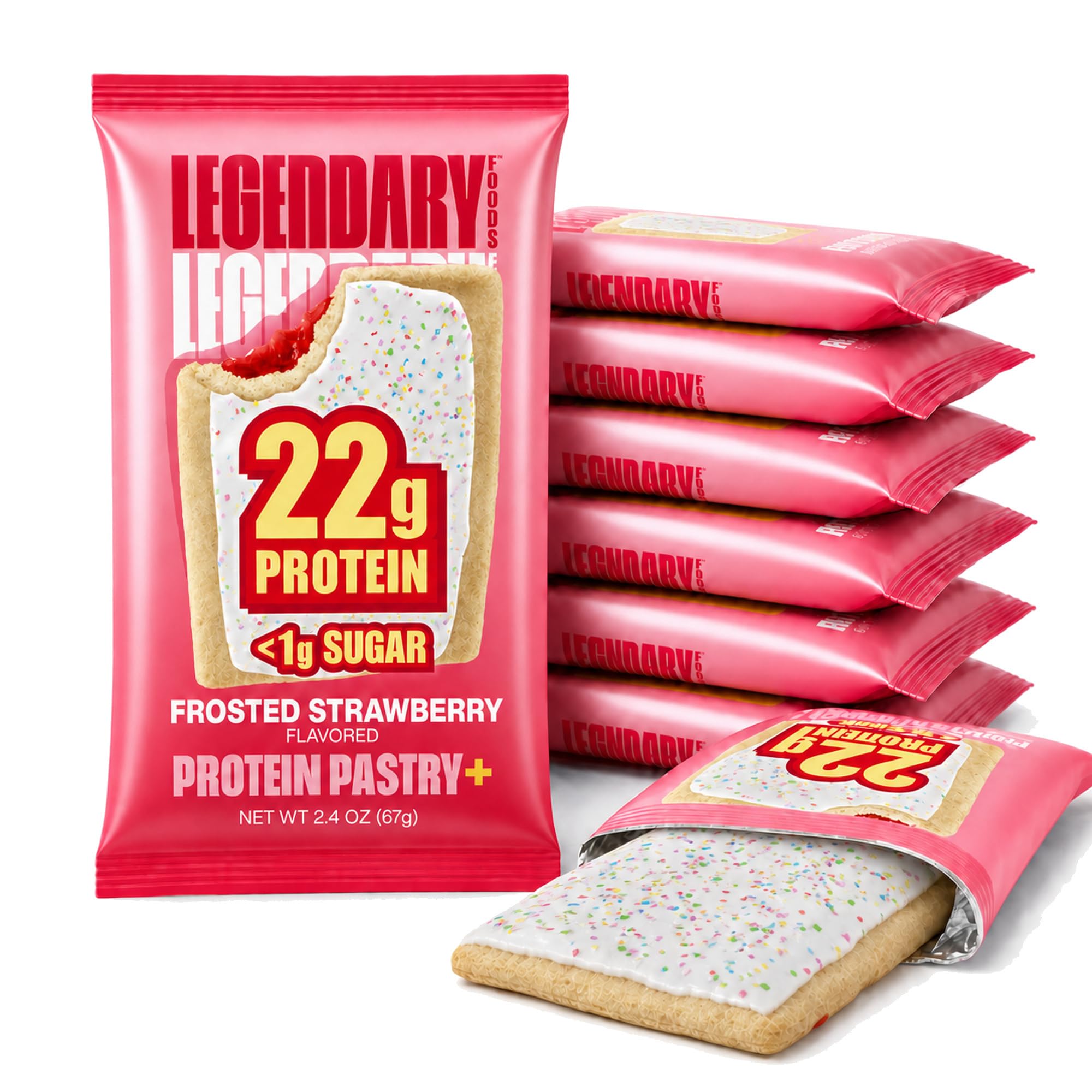 Legendary Foods front packaging showing frosted strawberry pastry and benefits