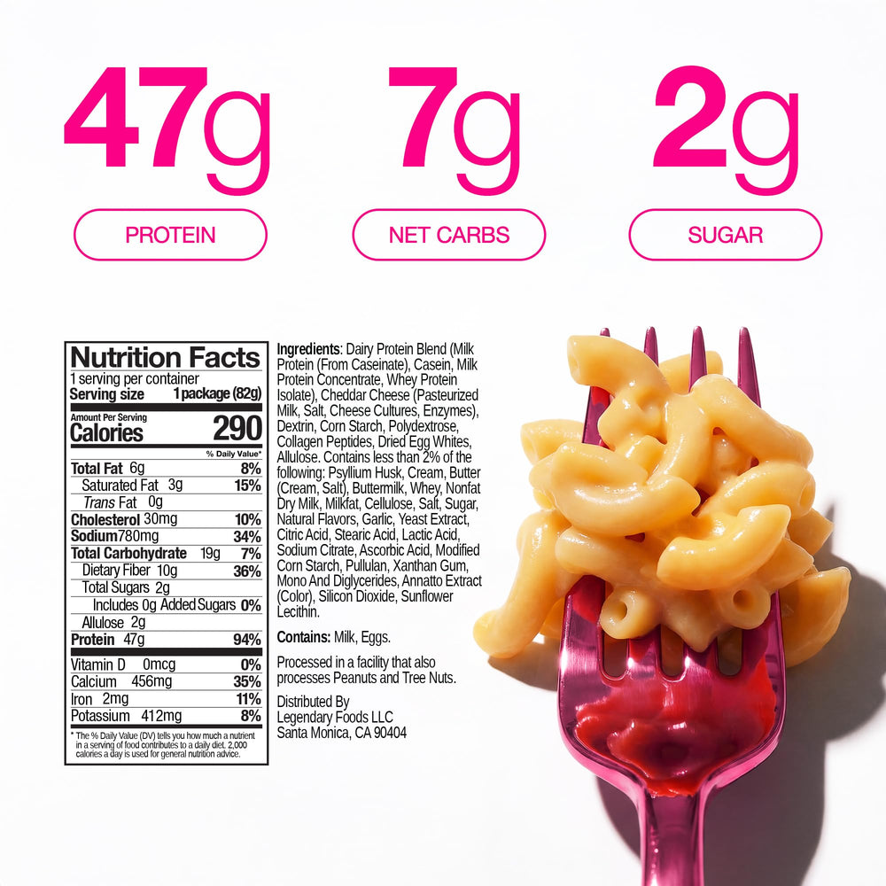 Legendary Foods open cup revealing pasta and cheese blend, showing hearty portion