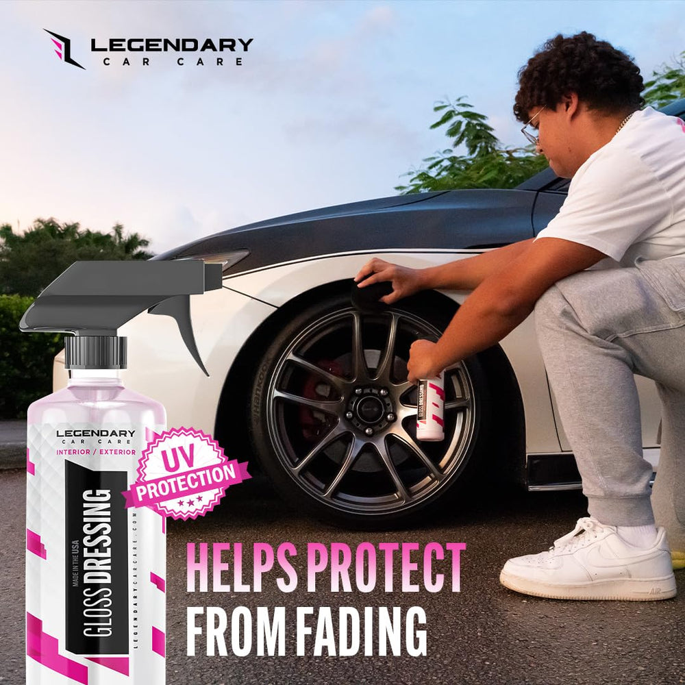 Legendary Car Care before and after tire contrast highlighting restored dark shine benefit