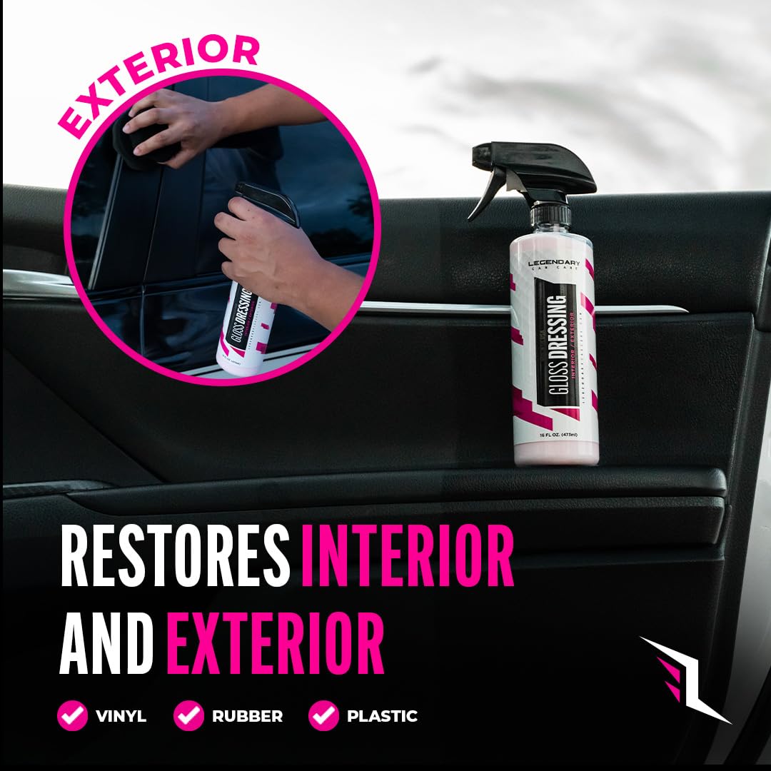 Legendary Car Care close-up on plastic trim revealing streak-free gloss benefit