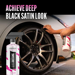 Legendary Car Care spray being applied to tire showing clean, glossy result benefit