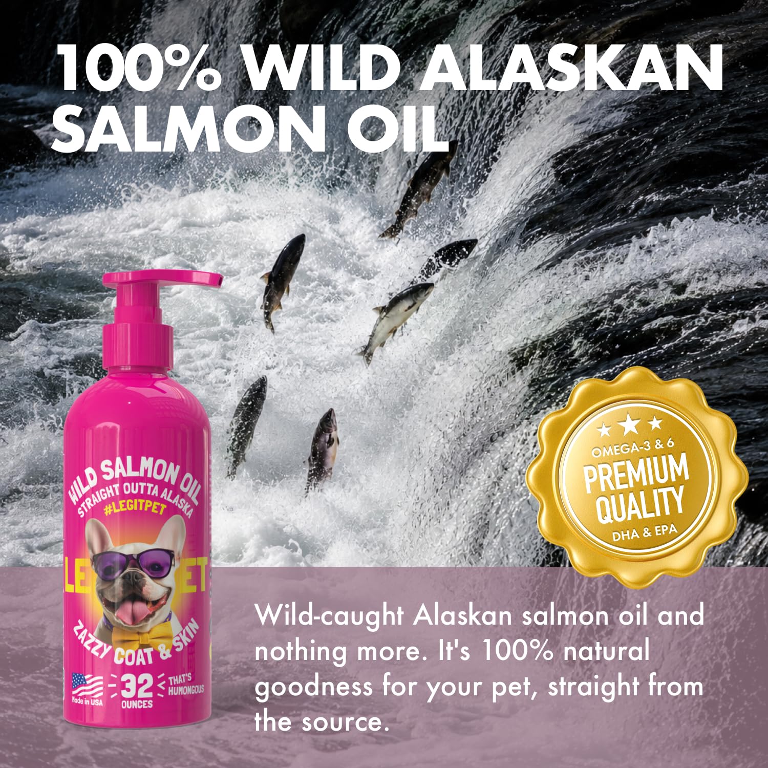 LEGITPET salmon oil close-up texture view highlighting purity and smooth pour