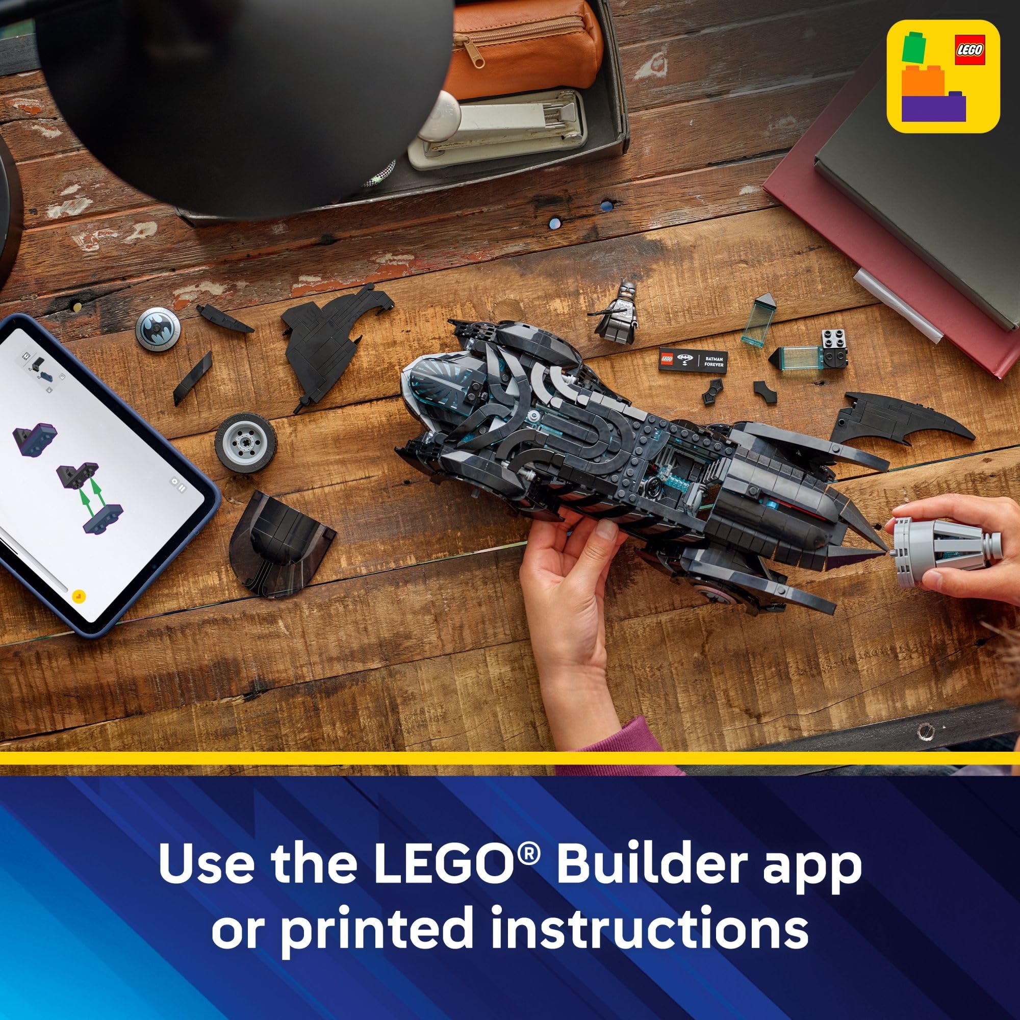 LEGO Batmobile staged on shelf showing LEGO decor and gifting appeal