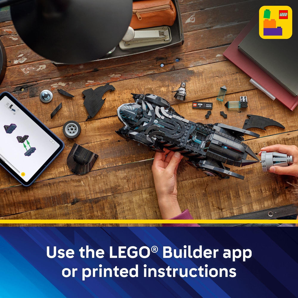 LEGO Batmobile staged on shelf showing LEGO decor and gifting appeal