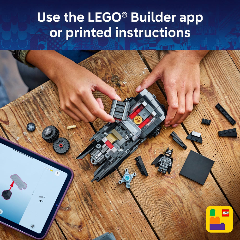 Child playing with LEGO Batmobile highlighting hands-on imaginative play
