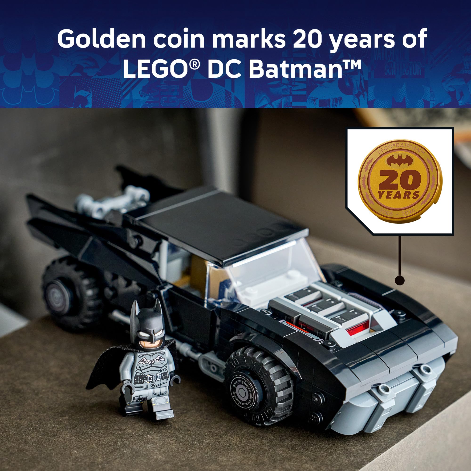 LEGO Batmobile on shelf demonstrating compact size for room decor