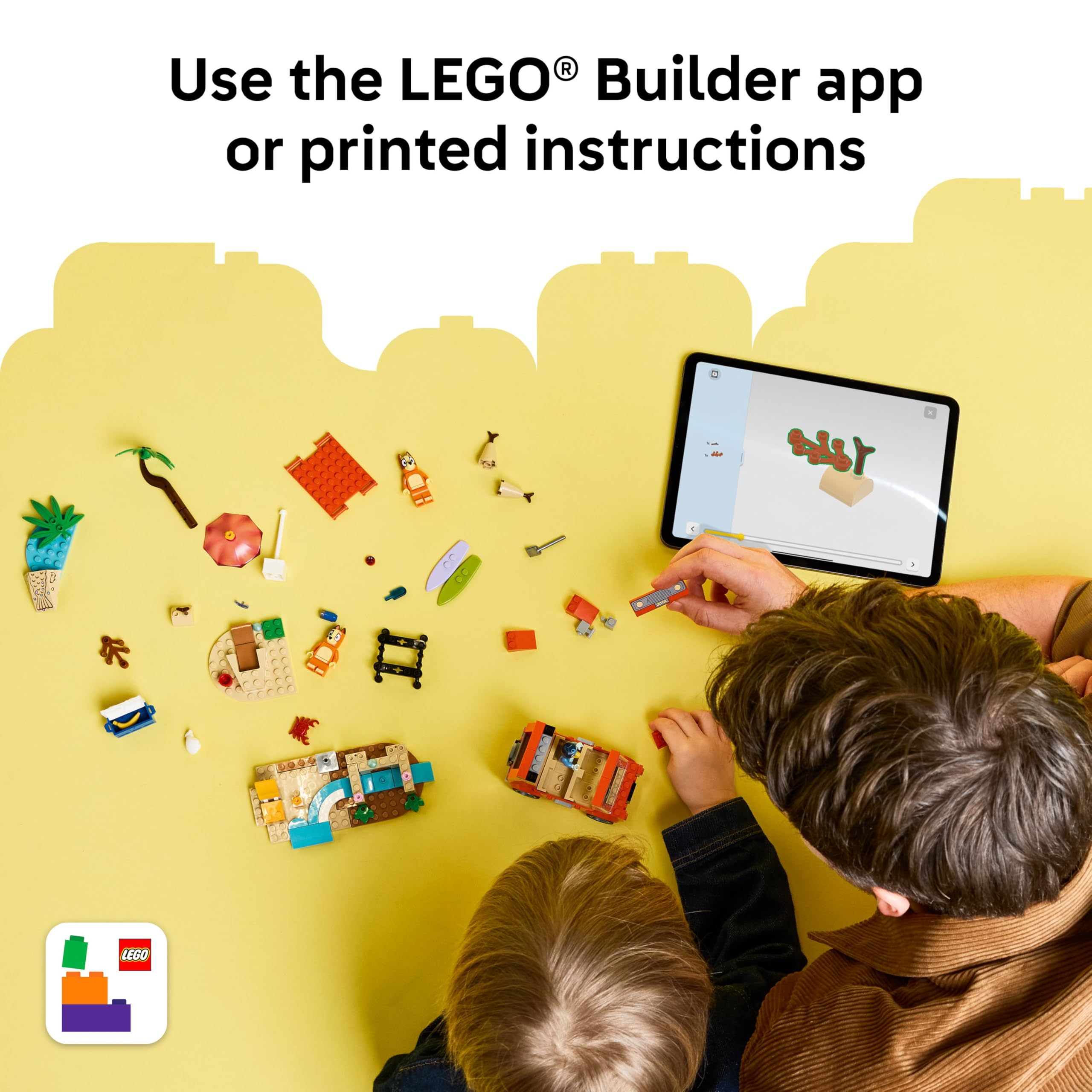 LEGO Bluey beach accessories laid out showcasing varied props for extended play