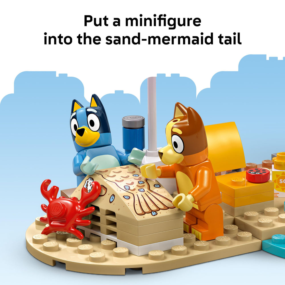 LEGO Bluey sandcastle scene on towel illustrating seaside storytelling and hands-on building