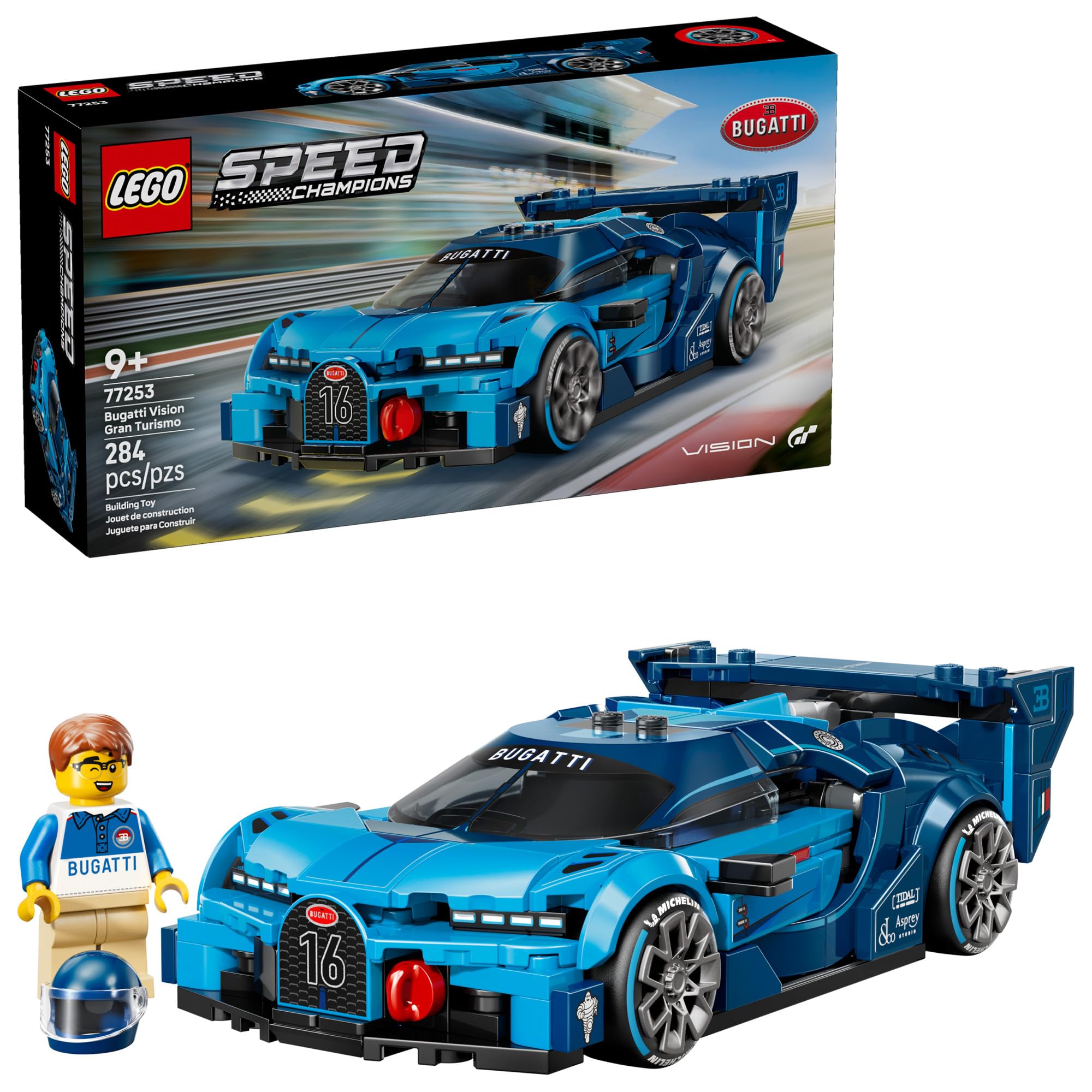 LEGO Bugatti front view showing horseshoe grille and realistic styling benefit display