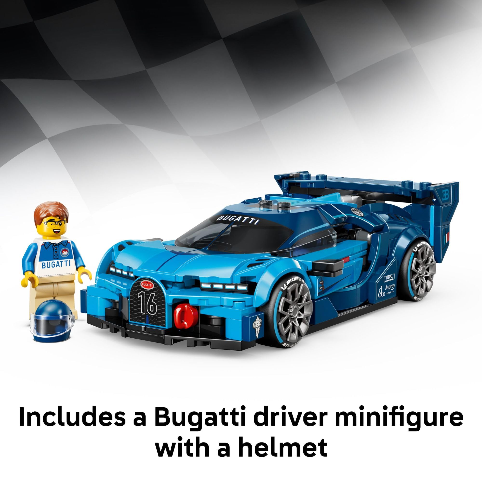 LEGO Bugatti Michelin-printed tyre close-up showing authentic branding and realism benefit