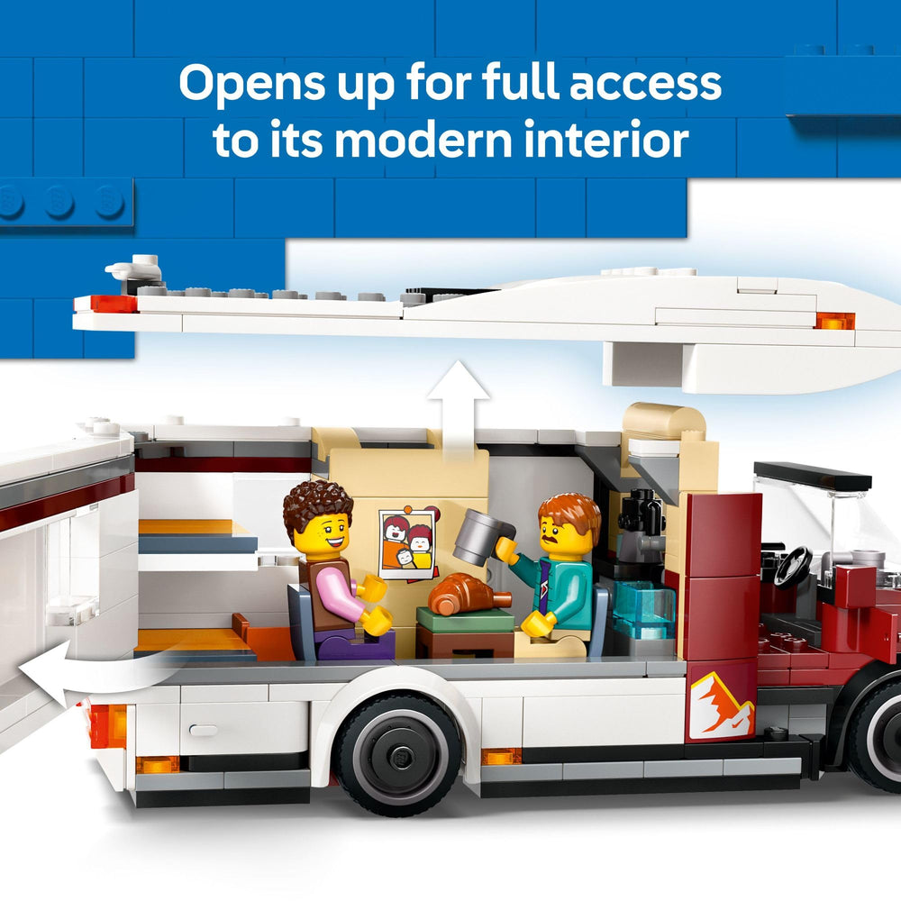 Three LEGO minifigures posed outside van, brand sparks family adventure scenes