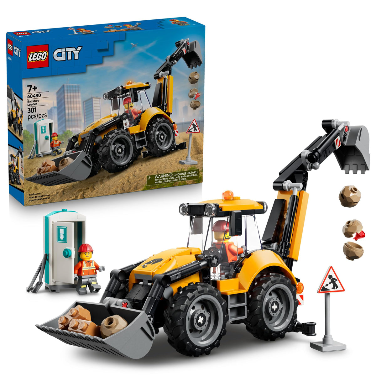LEGO backhoe loader front view showing realistic bucket and rubber tires benefit playability