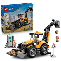 LEGO backhoe loader front view showing realistic bucket and rubber tires benefit playability
