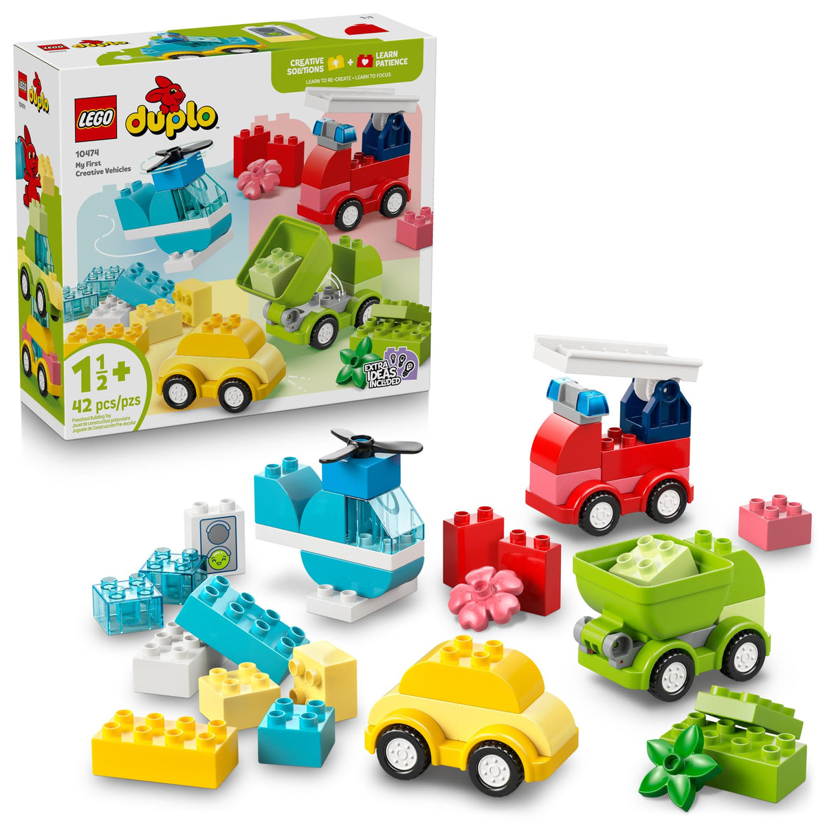 LEGO DUPLO front packaging showing set pieces and benefits of creative play