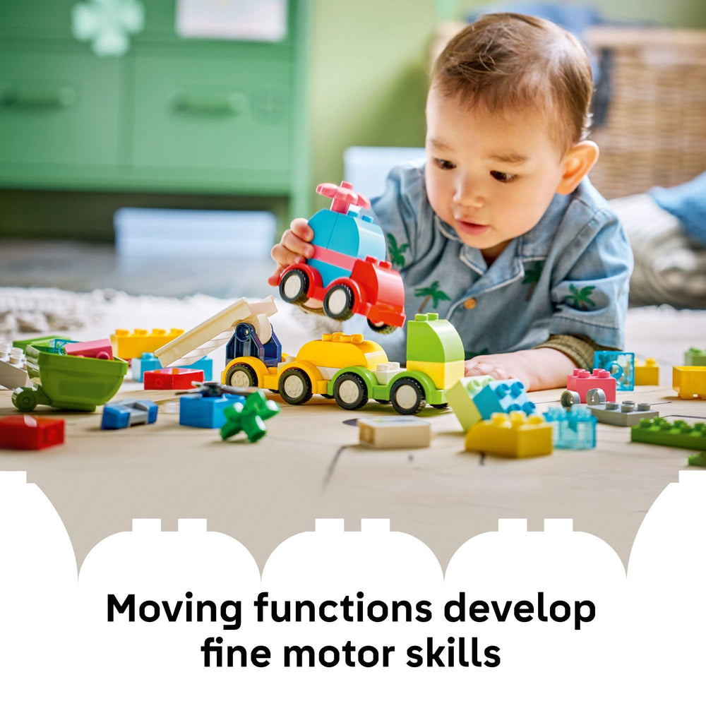 LEGO DUPLO mixed vehicles on playmat showing imaginative building possibilities