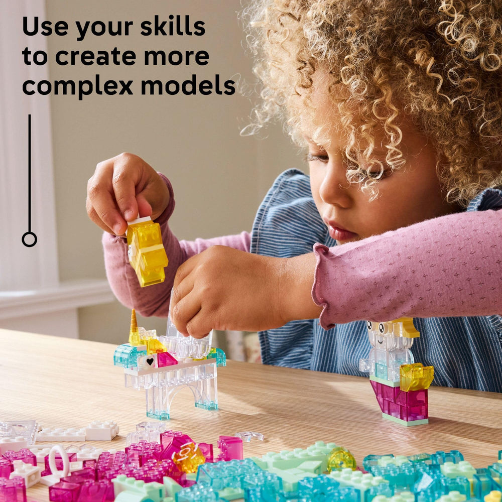 Built unicorn, mermaid and ghost from LEGO set displayed, LEGO inspires imaginative play