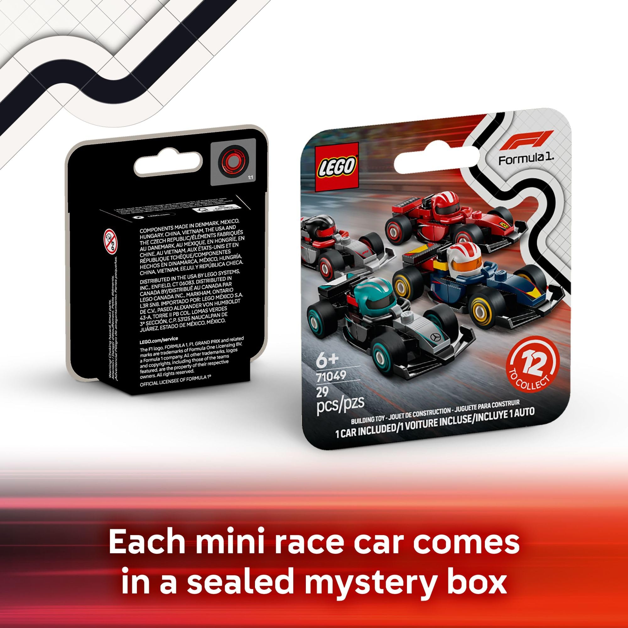 LEGO built mini F1 car top view with rolling wheels for play