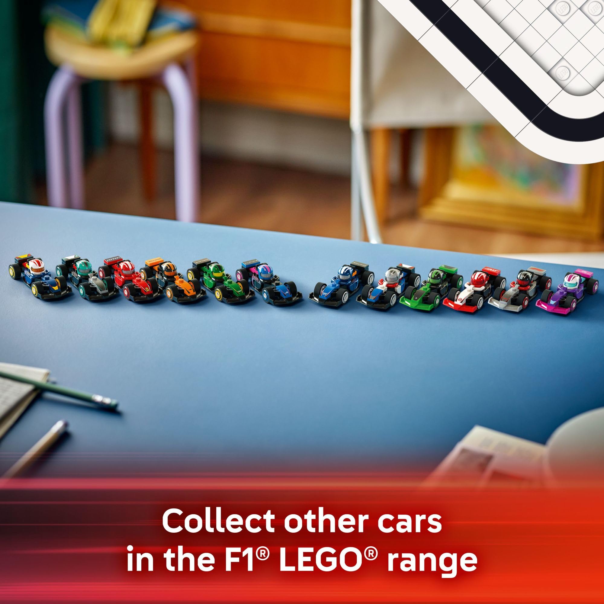 LEGO multiple F1 cars displayed on a shelf showcasing collection